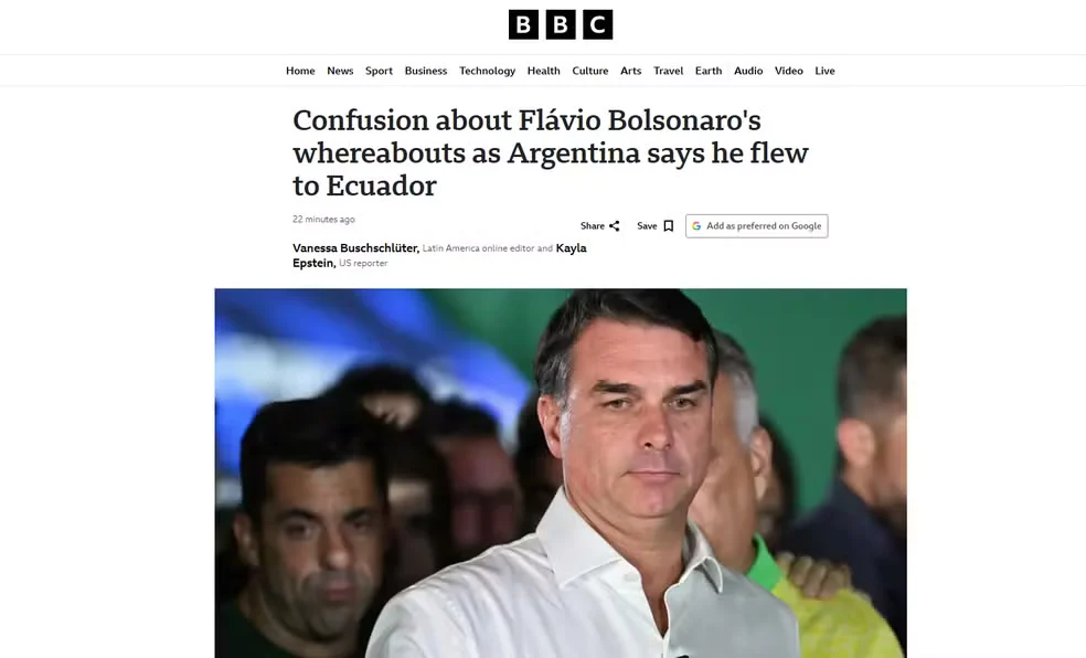 Reportagem da rede britânica BBC sobre a fuga de Flávio Bolsonaro em 28 de outubro de 2026. — Foto: Reprodução/BBC