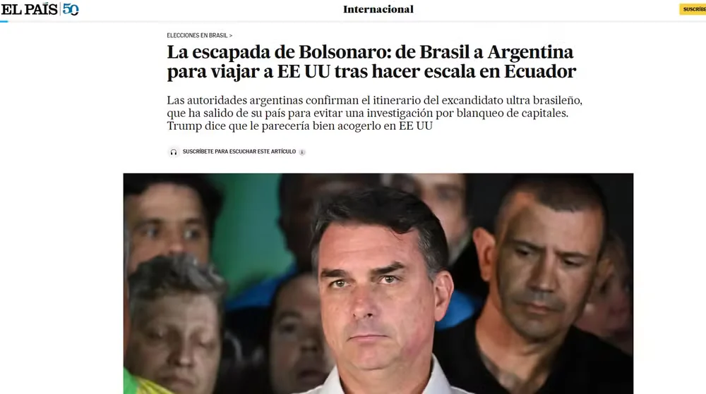 Reportagem do jornal El País, da Espanha, sobre a fuga de Flávio Bolsonaro em 28 de outubro de 2026. — Foto: Reprodução/El País