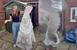 Mulher celebra divórcio com festa de funeral e coloca fogo em vestido de noiva de R$ 13 mil