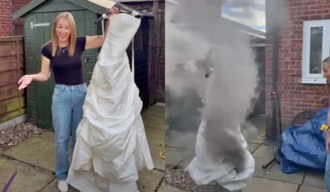 Mulher celebra divórcio com festa de funeral e coloca fogo em vestido de noiva de R$ 13 mil