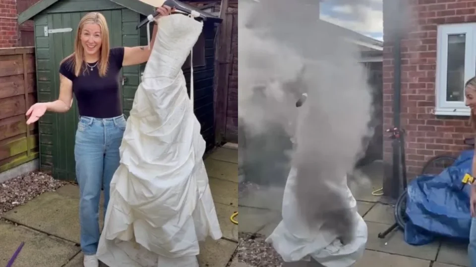 Mulher celebra divórcio com festa de funeral e coloca fogo em vestido de noiva de R$ 13 mil